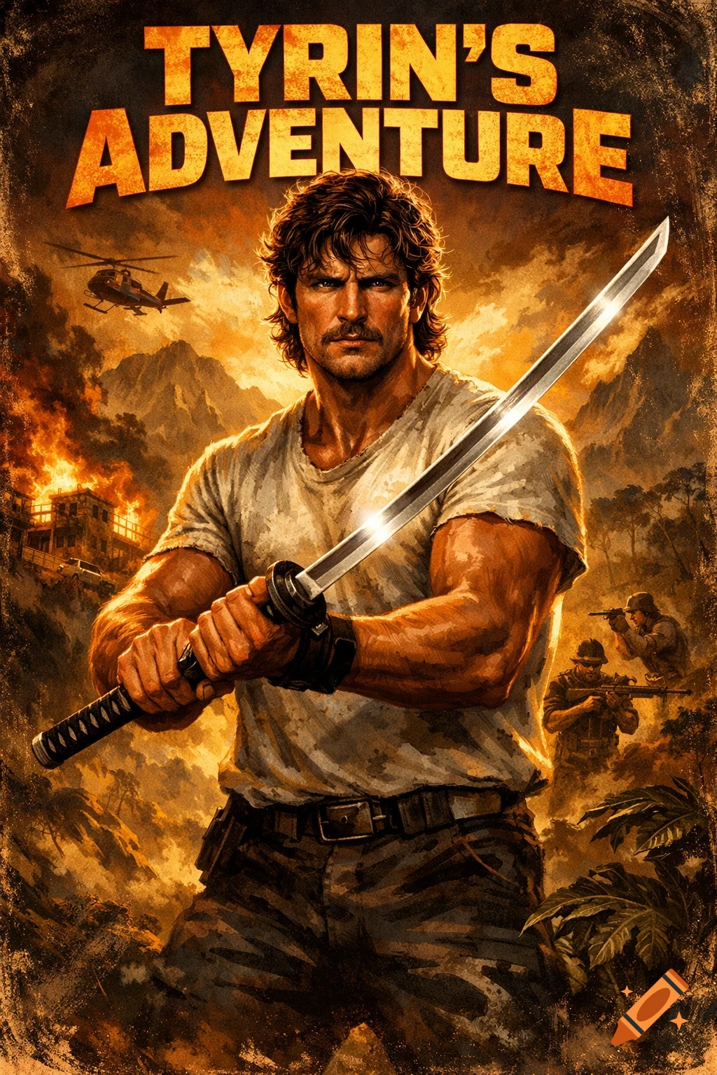 A muscular man with a mustache and curly hair holds a katana, standing before a burning village and mountains. Title: TYRIN'S ADVENTURE.