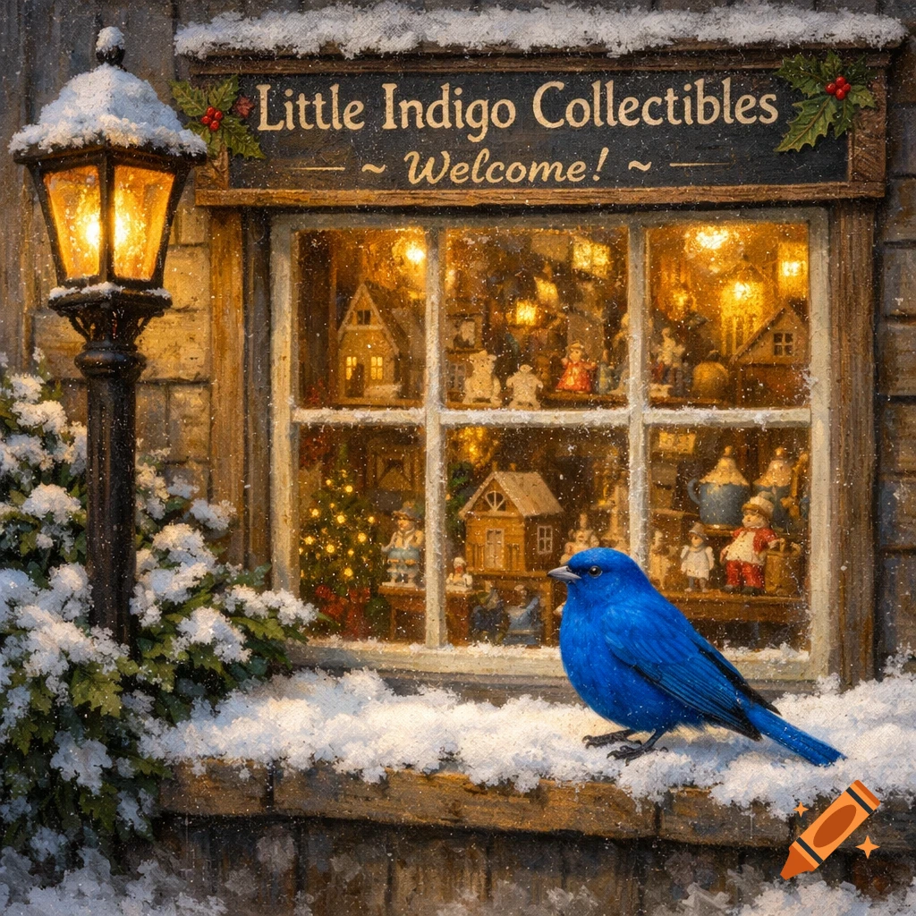 A vibrant blue indigo bunting bird sits on a snowy windowsill in front of a quaint shop with a lit lamppost in a winter village scene.