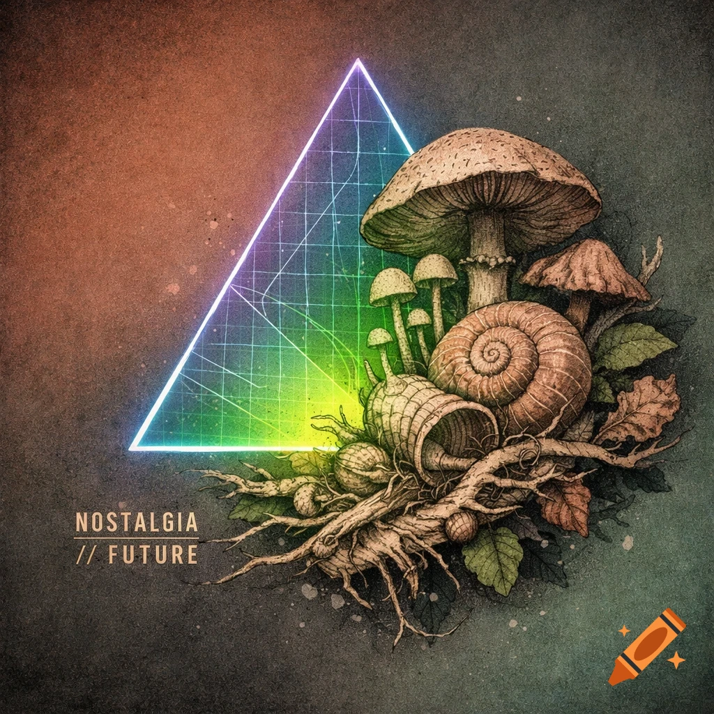 Detailed illustration of mushrooms, roots, and a snail shell with a glowing neon geometric triangle and the text 'NOSTALGIA // FUTURE'.