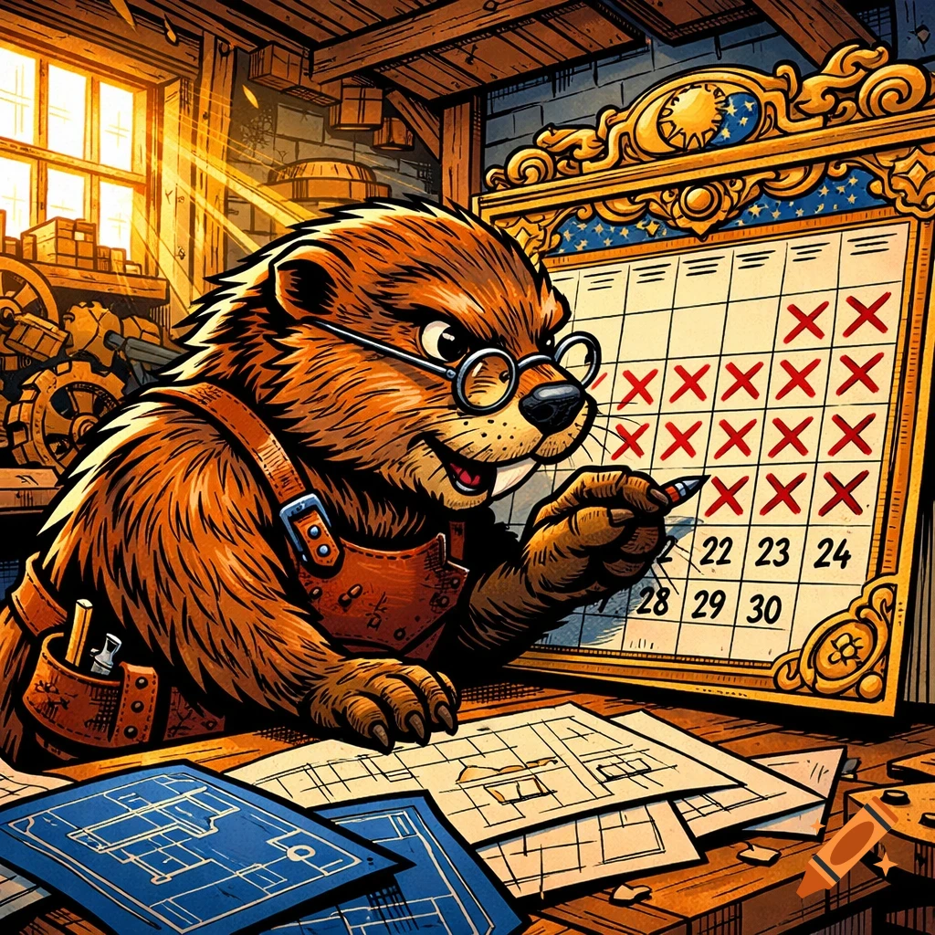 A cartoon beaver in glasses and an apron marks days on a calendar with a red pen in a sunny workshop, with blueprints on the desk.