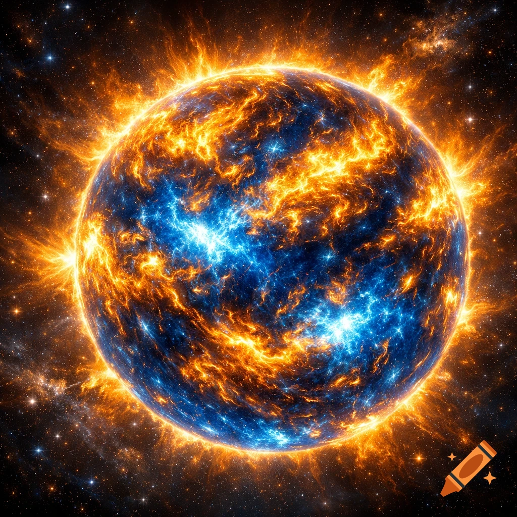 A vibrant blue and orange celestial body, resembling a star or planet, glows intensely against a starry black space.