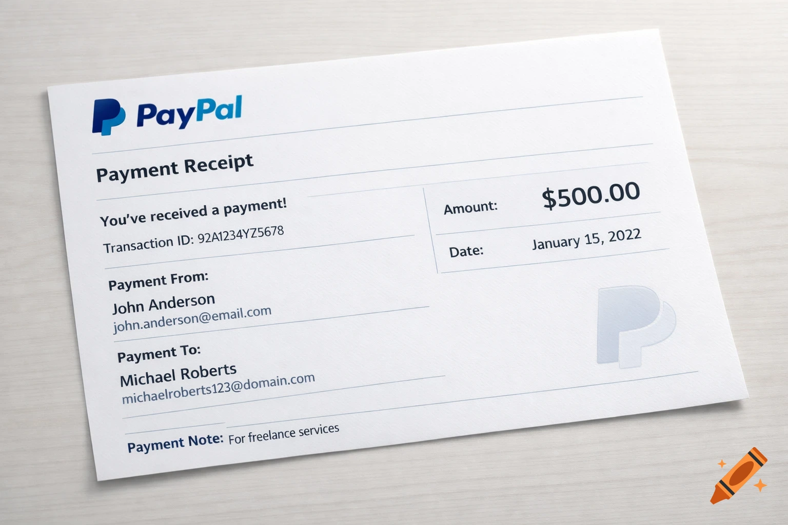 A photorealistic PayPal payment receipt for $500.00, from John Anderson to Michael Roberts, dated January 15, 2022, with a payment note 'For freelance services'.