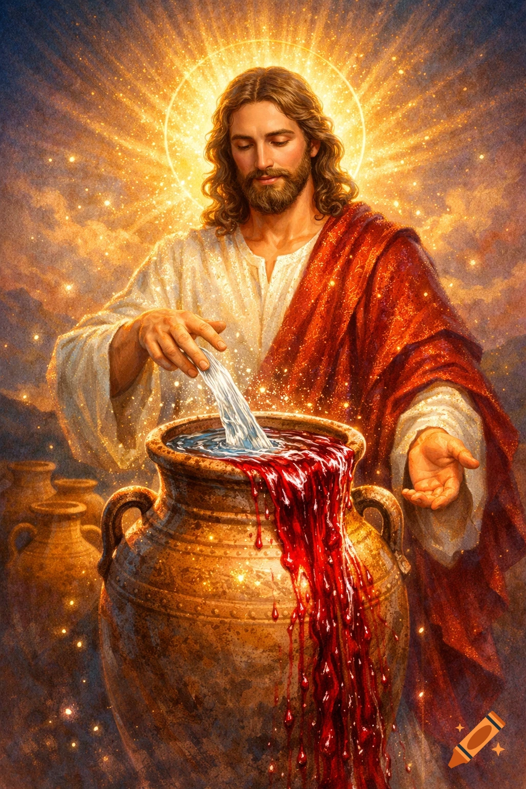 Jesus, with a radiant halo, pours clear liquid into a large jar, which transforms into a red, blood-like substance overflowing, in a richly detailed, glowing religious artwork.