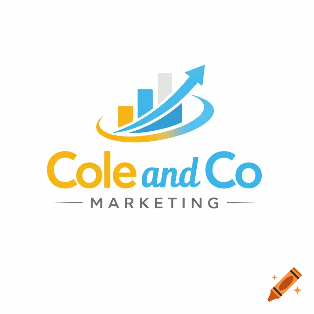A blue, yellow, and white logo for "Cole and Co Marketing" featuring a bar chart with an upward-curving arrow and two swooshes.