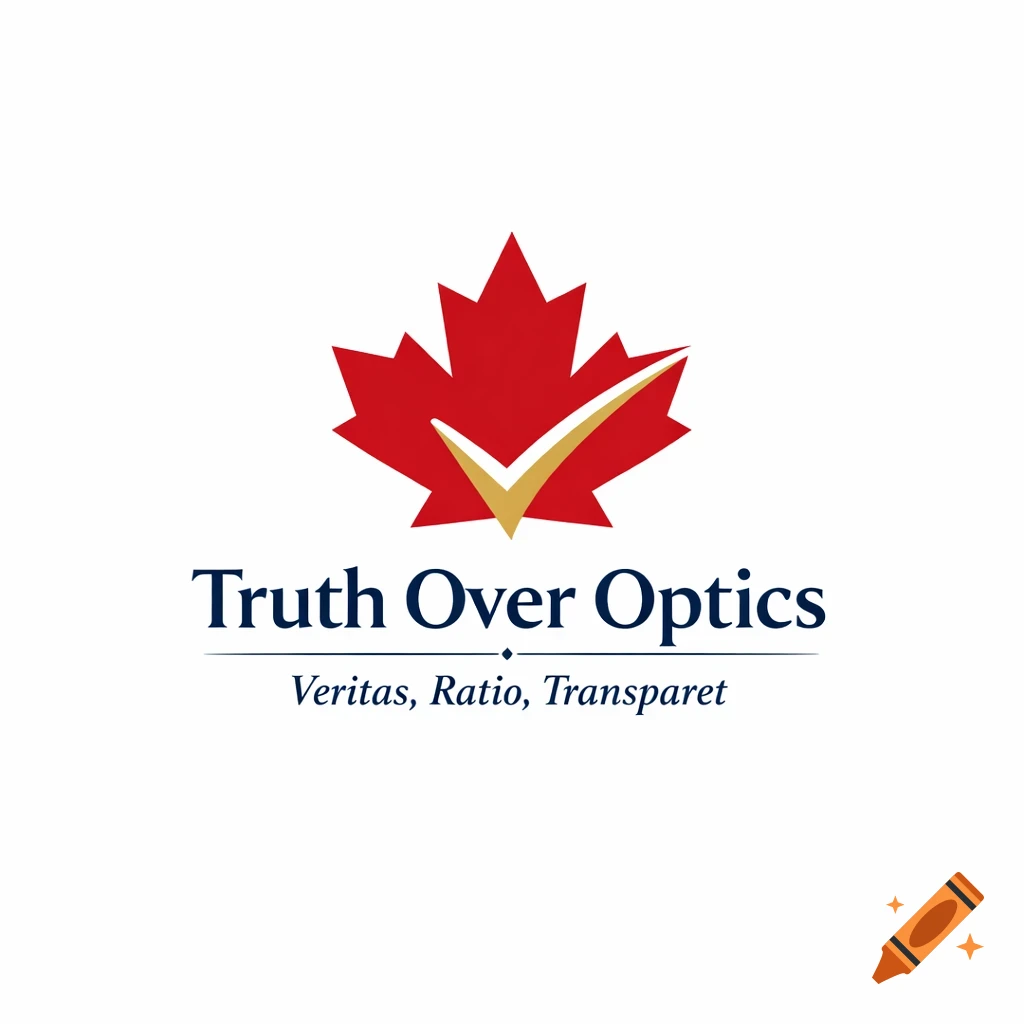 A minimalist logo featuring a red maple leaf with a golden checkmark, above the navy text 'Truth Over Optics' and 'Veritas, Ratio, Transparet'.
