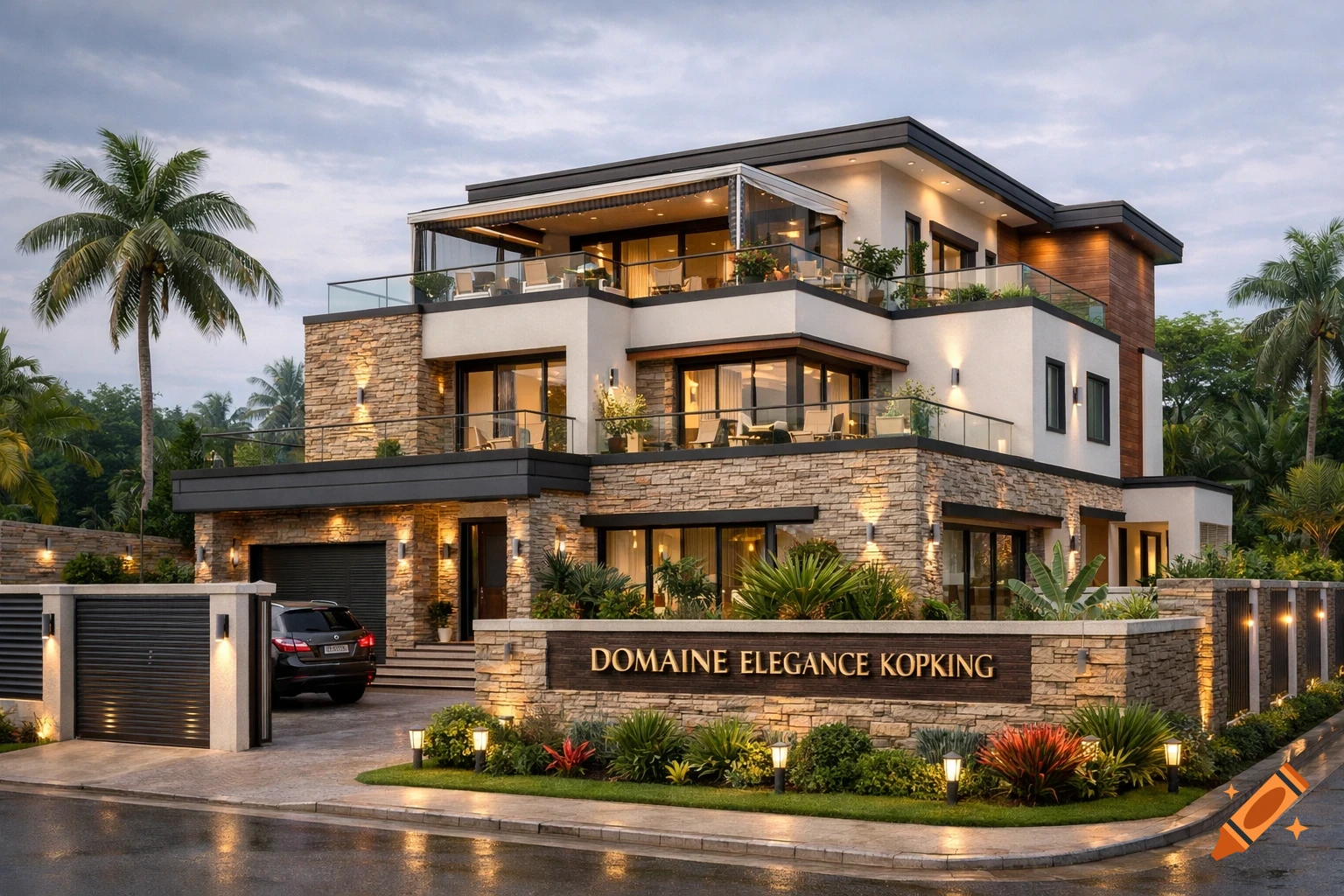 Photorealistic image of a modern, multi-story luxury house with stone and white facades, balconies, lush tropical landscaping, and a car in the driveway, under a cloudy sky.