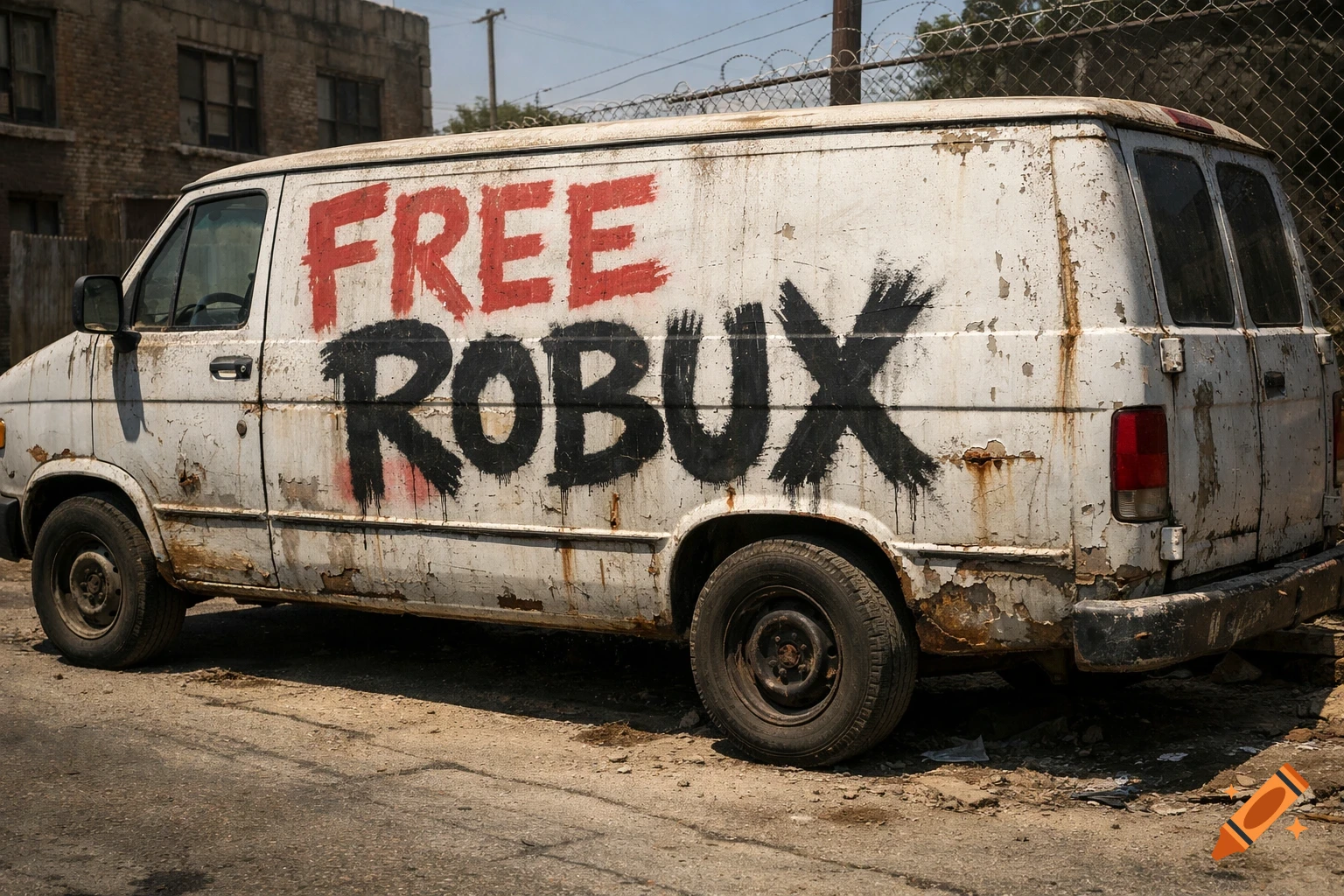 A rusty white van with "FREE ROBUX" spray-painted in red and black on its side, parked on a dirt road in an urban area.