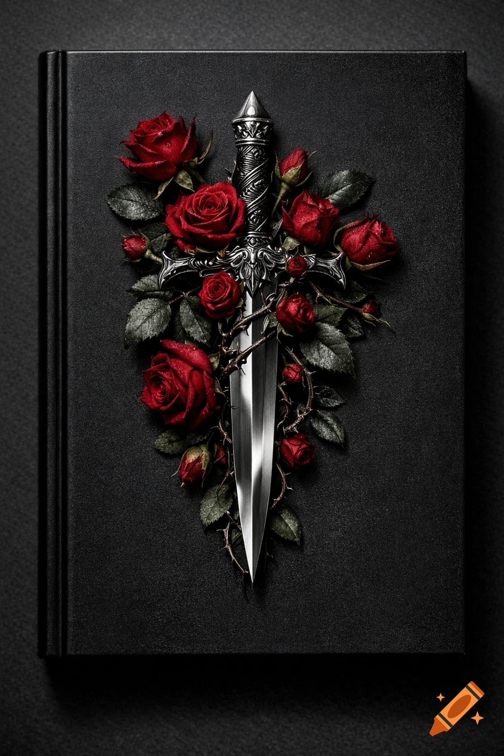 A dark, textured book cover featuring a decorative silver knife intertwined with vibrant red roses and dark green thorny foliage.