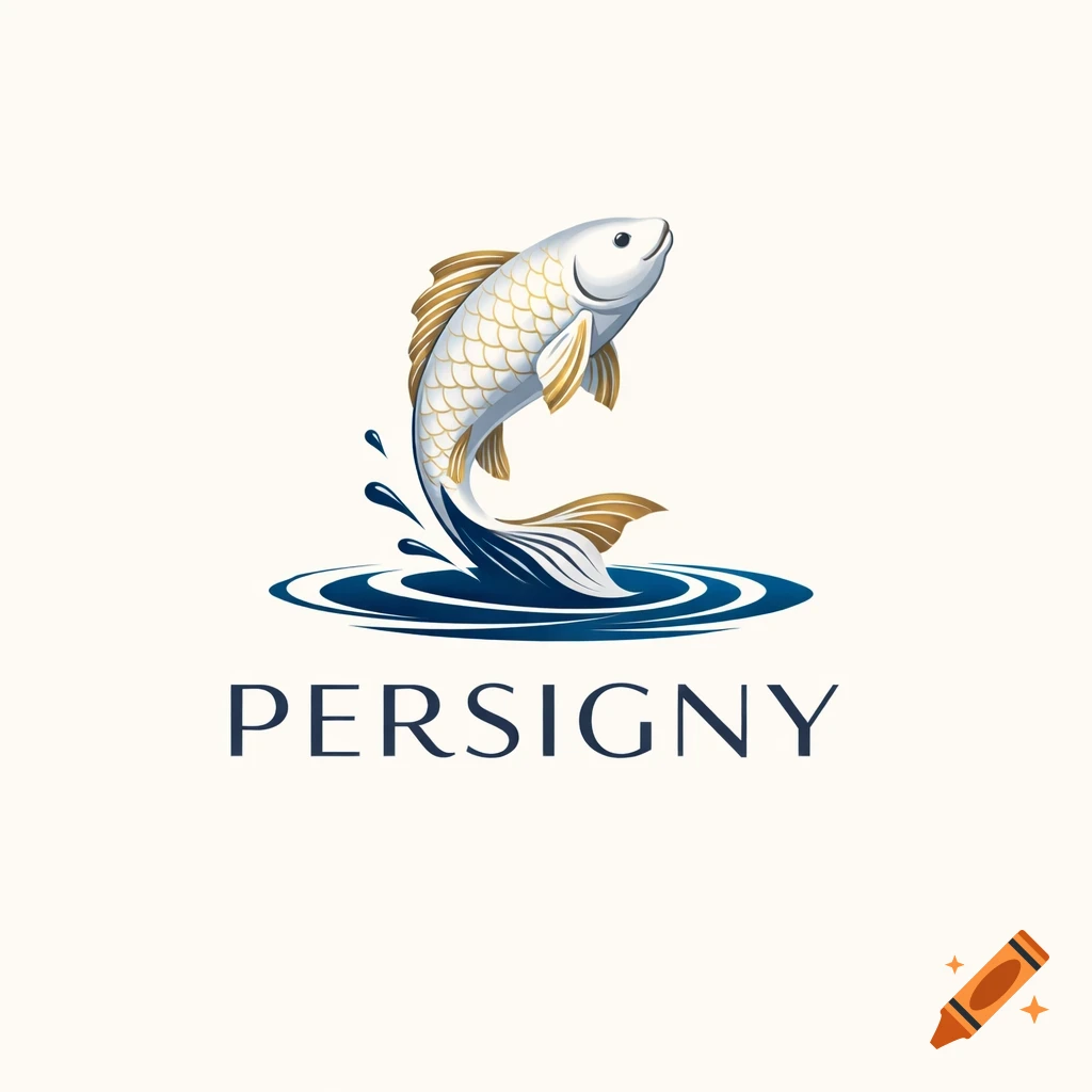 A logo featuring a white and gold carp jumping out of dark blue water ripples, with the word PERSIGNY below.