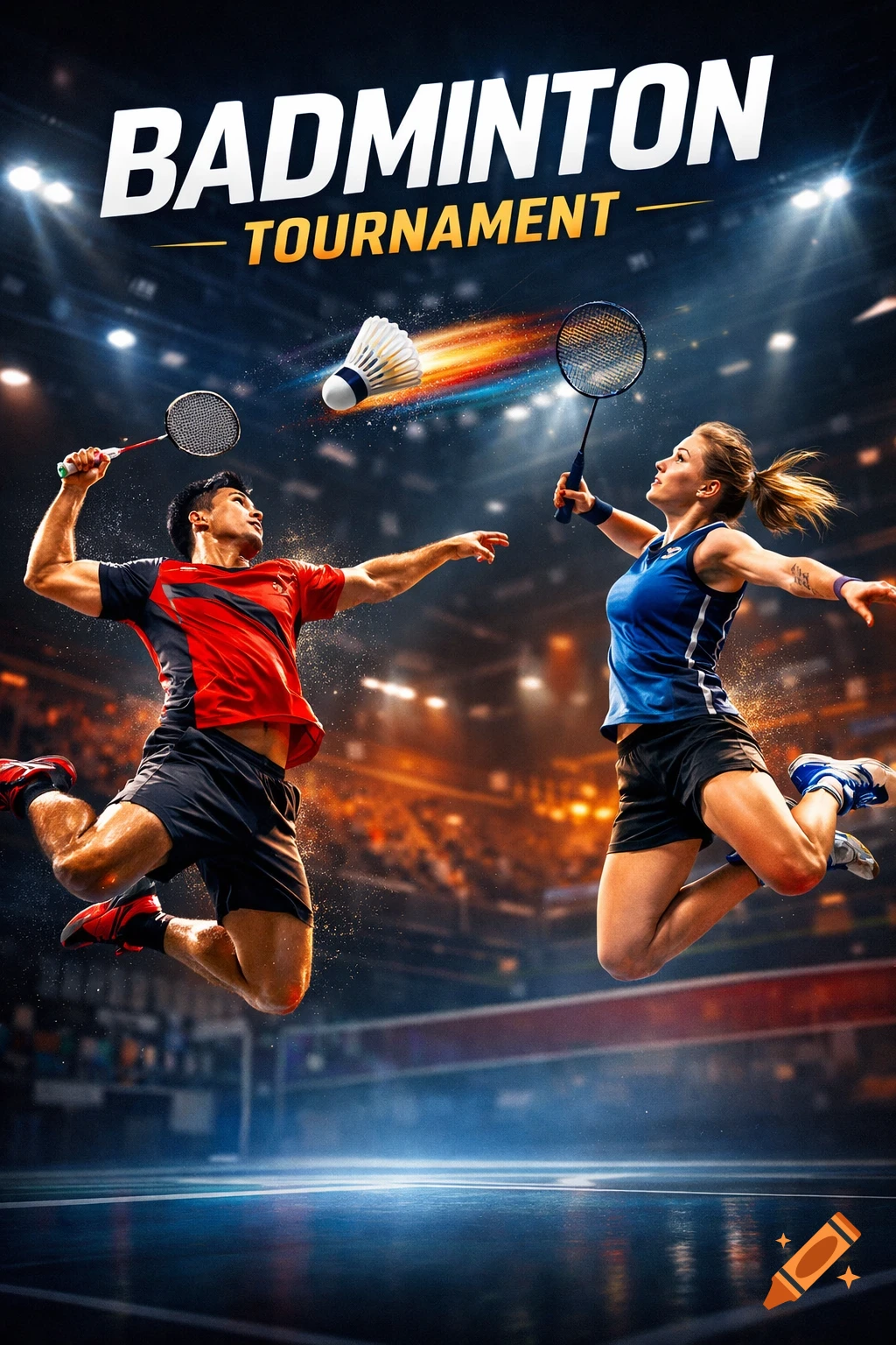 Dynamic badminton tournament poster with two athletes jumping, shuttlecock in motion, and 'BADMINTON TOURNAMENT' text.