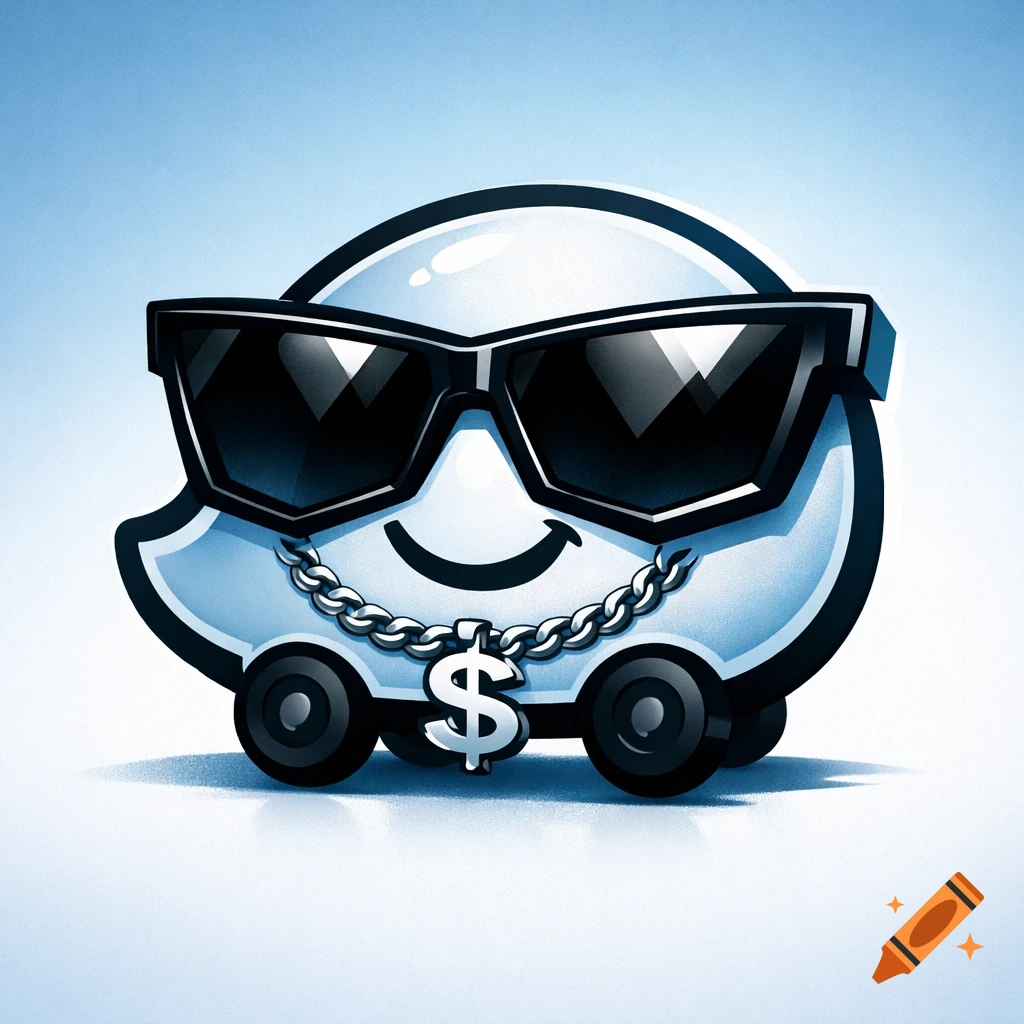 A stylized white car icon with a smiling face, similar to the Waze logo, wearing black sunglasses and a silver chain with a dollar sign pendant.