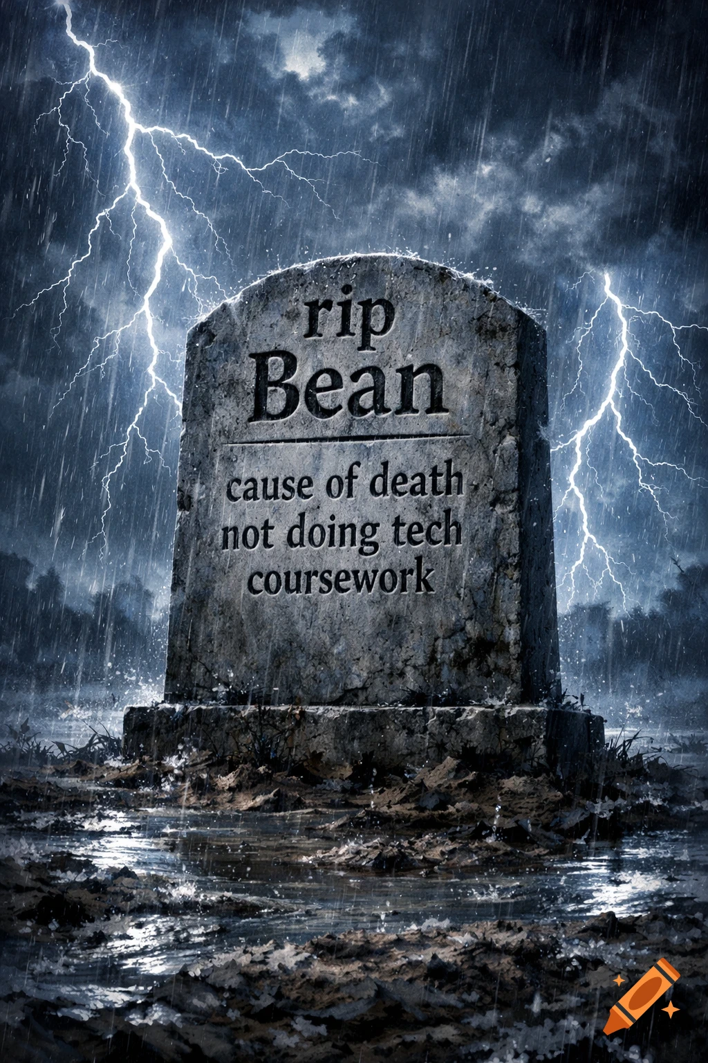 Photorealistic tombstone under a stormy, rainy night sky with lightning. It reads 'rip Bean cause of death not doing tech coursework'.