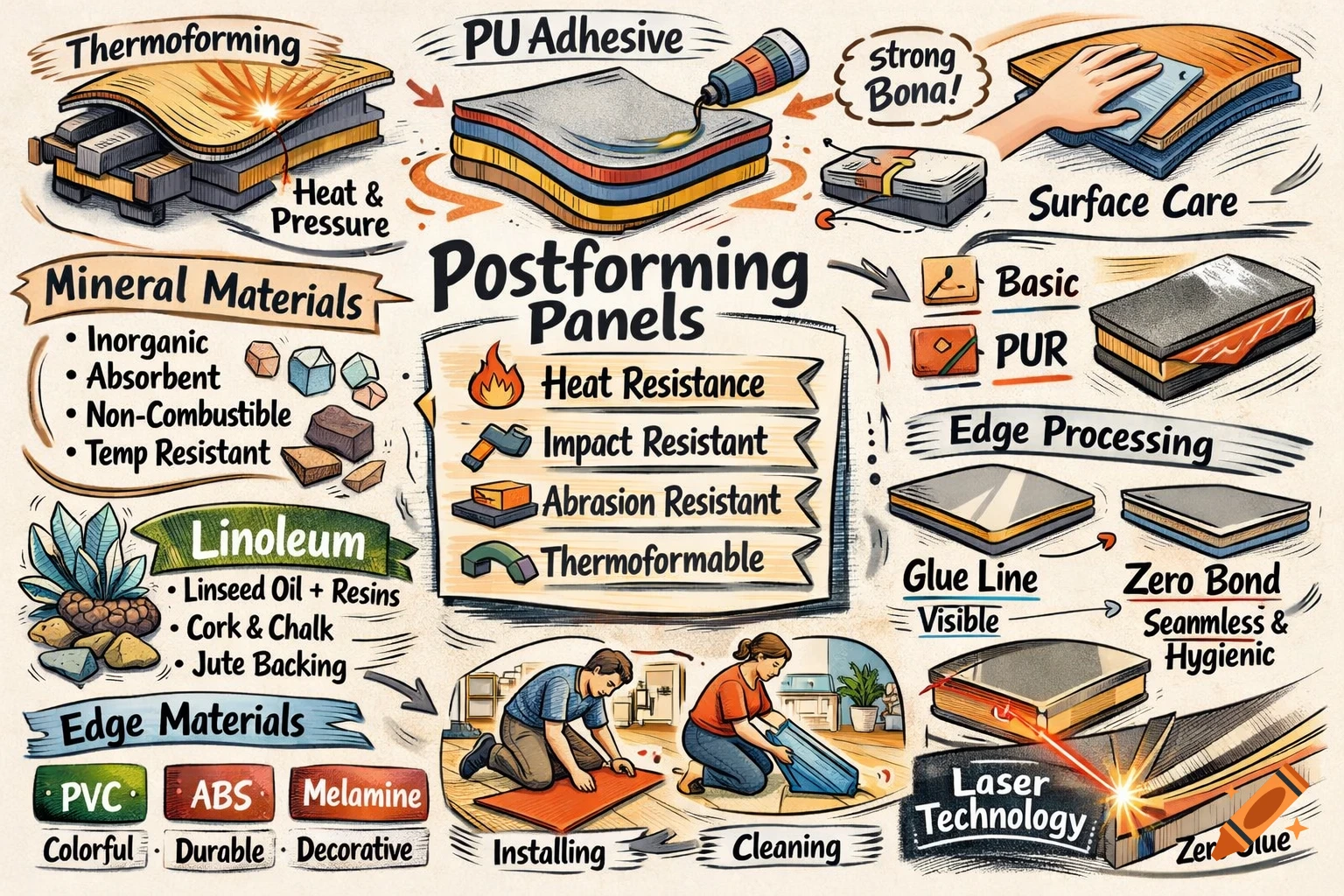 Detailed hand-drawn infographic illustrating the properties and processing of postforming panels, linoleum, and edge materials.