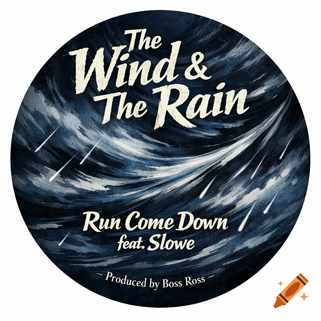A circular album label with "The Wind & The Rain" in white script, over a dark blue, swirling watercolor background depicting wind and rain. Below, "Run Come Down feat. Slowe" and "Produced by Boss Ross" are visible.