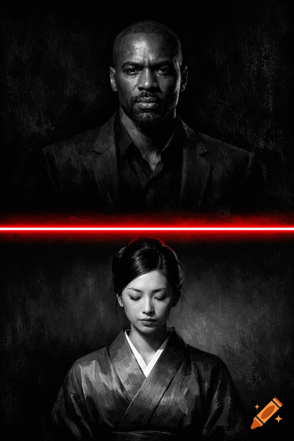 Black and white portrait of a man above a red line, and an Asian woman below it, in a dramatic, textured style.