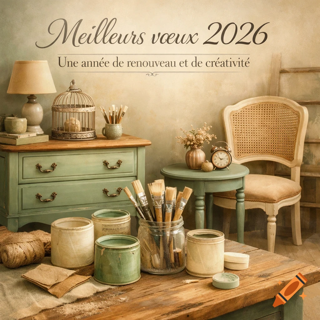 Vintage art studio scene with green painted dresser, paint brushes, pots, and a rattan chair, featuring French New Year's greetings.