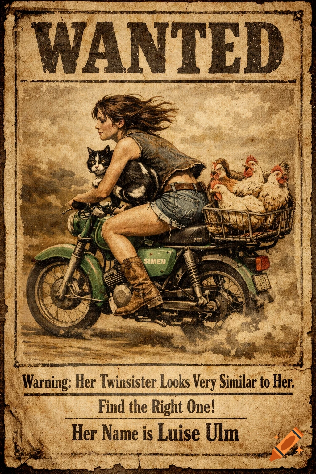 Wanted poster of a woman with brown hair riding a green motorcycle, holding a black and white cat, with chickens in a basket. The poster has text: "WANTED" and "Warning: Her Twinsister Looks Very Similar to Her. Find the Right One! Her Name is Luise Ulm".