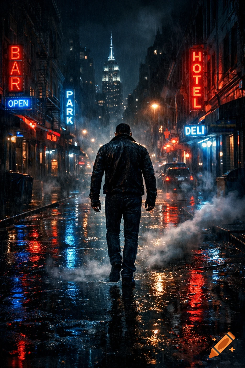 A man walks down a dark, rainy city street at night, with neon signs ...