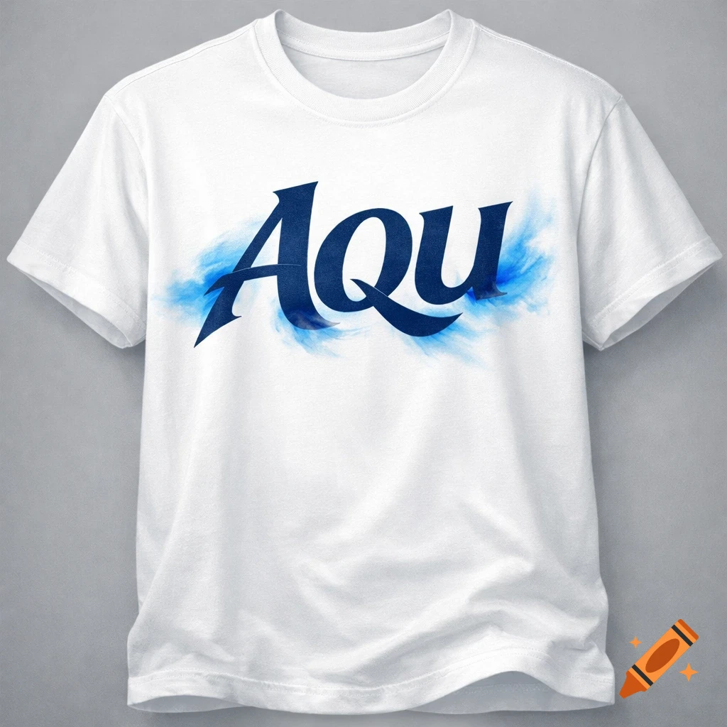 A white t-shirt with the word "Aqu" printed in blue, surrounded by a light blue, painterly haze.