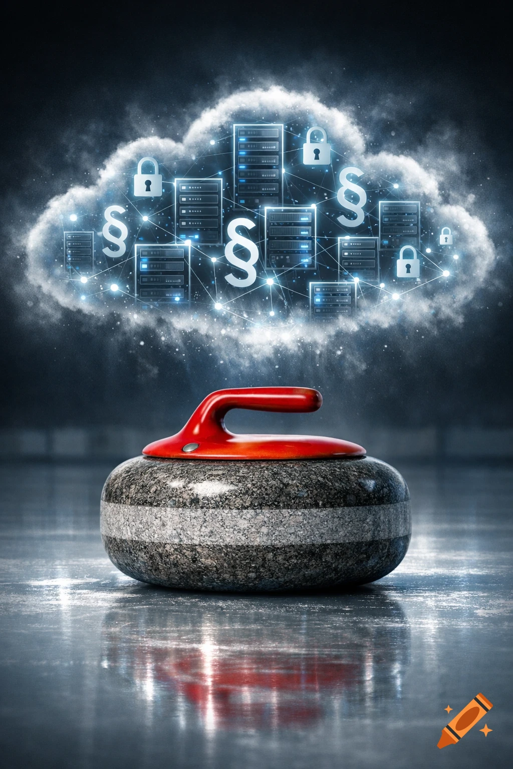 A curling stone on ice with a conceptual cloud above, featuring glowing server racks, locks, and legal paragraph symbols.