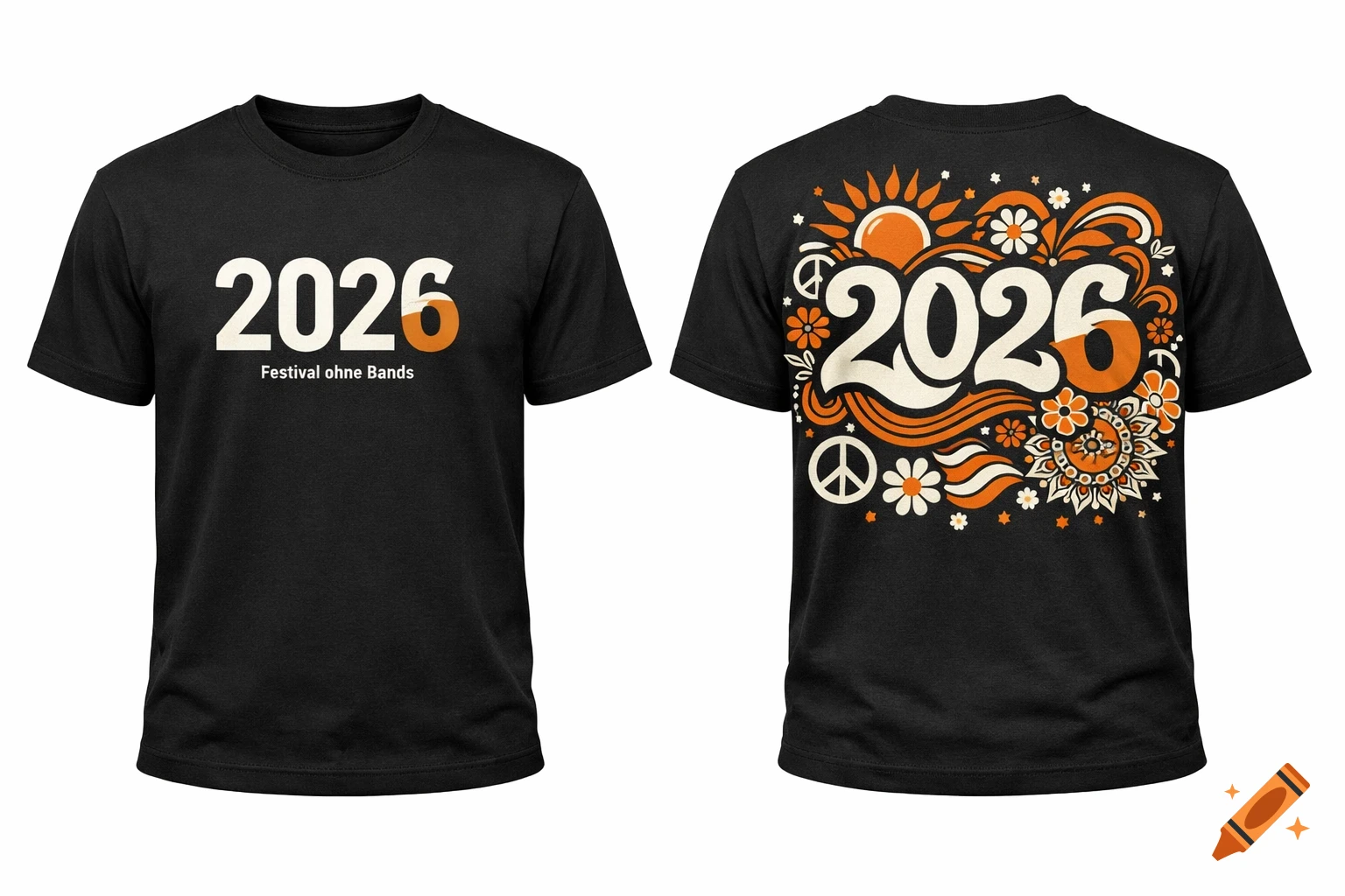 Realistic fashion mockup of a black t-shirt. Front displays "2026" and "Festival ohne Bands". Back features a psychedelic "2026" with sun, flowers, and peace symbols.