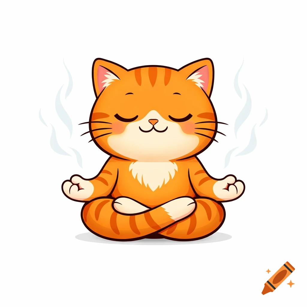 A cute orange cartoon cat meditating in a yoga pose with its eyes closed, on a white background.