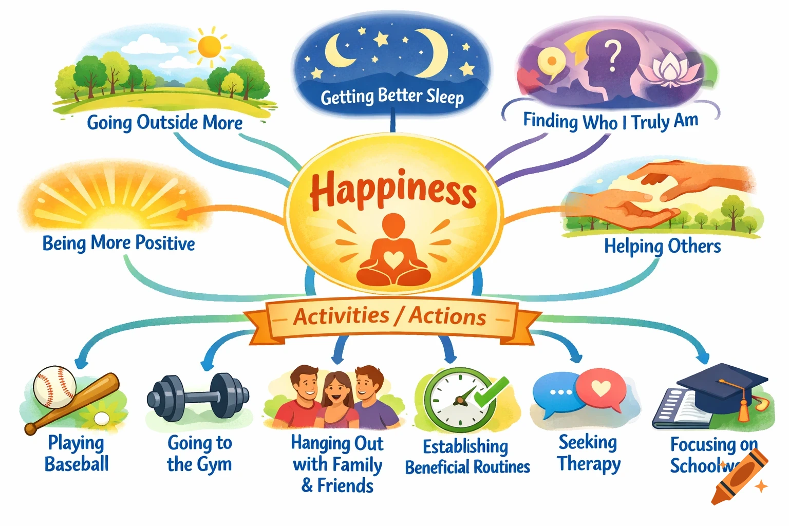 A colorful mind map illustrating 'Happiness' in the center, branching to goals like 'Getting Better Sleep' and 'Helping Others', then to 'Activities/Actions' such as 'Playing Baseball' and 'Seeking Therapy', all in a clean illustration style.
