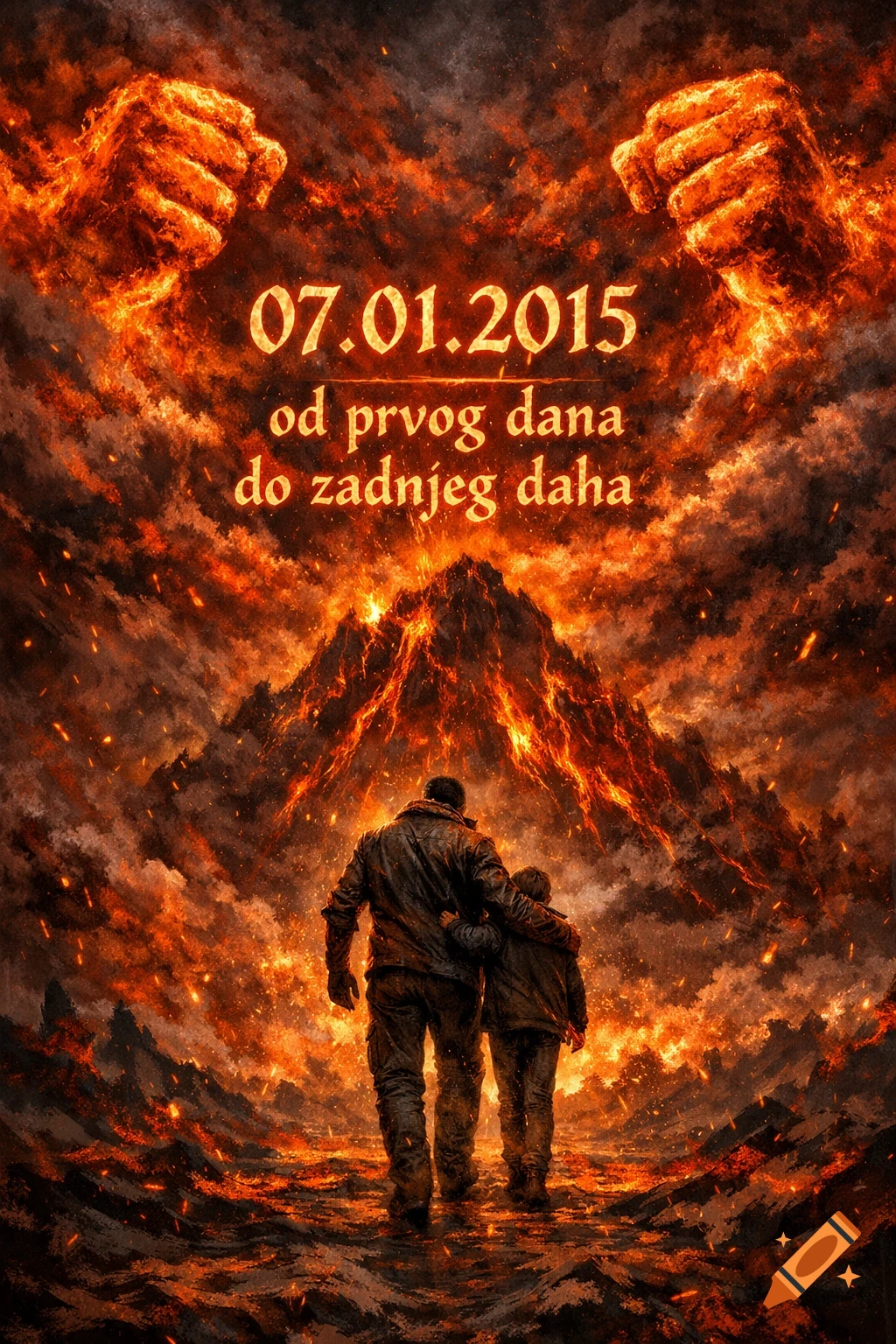 Dramatic digital painting shows an adult and child walking toward a fiery mountain, under a sky with fire, smoke, and fiery fists. Text includes a date and "od prvog dana do zadnjeg daha".