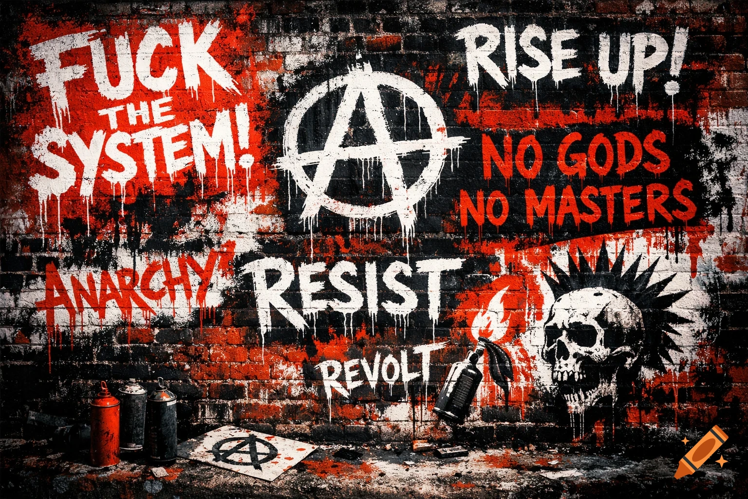 A brick wall covered in red, white, and black graffiti slogans like 'FUCK THE SYSTEM!', 'ANARCHY', 'RESIST', 'REVOLT', 'RISE UP!', and 'NO GODS NO MASTERS', with an anarchy symbol and a punk skull.