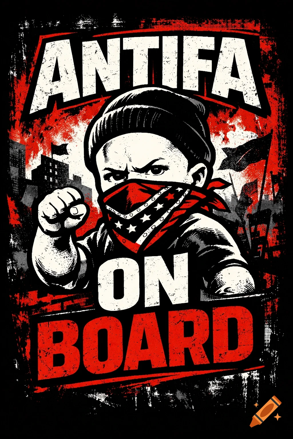 Distressed graphic of a child-like figure in a beanie and bandana covering their face, with a clenched fist, set against a cityscape backdrop. Bold text reads "ANTIFA ON BOARD".