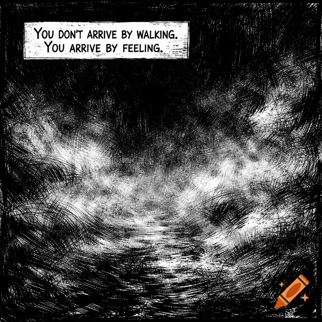 A gritty, black-and-white noir comic panel depicts a foggy, abstract scene with dense crosshatch shading. A narration box at the top reads: "YOU DON'T ARRIVE BY WALKING. YOU ARRIVE BY FEELING."