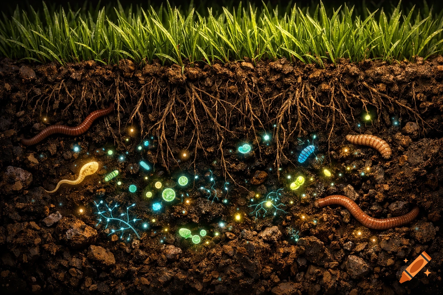 A detailed cross-section of soil with green grass, roots, earthworms, and glowing microorganisms in rich brown earth.
