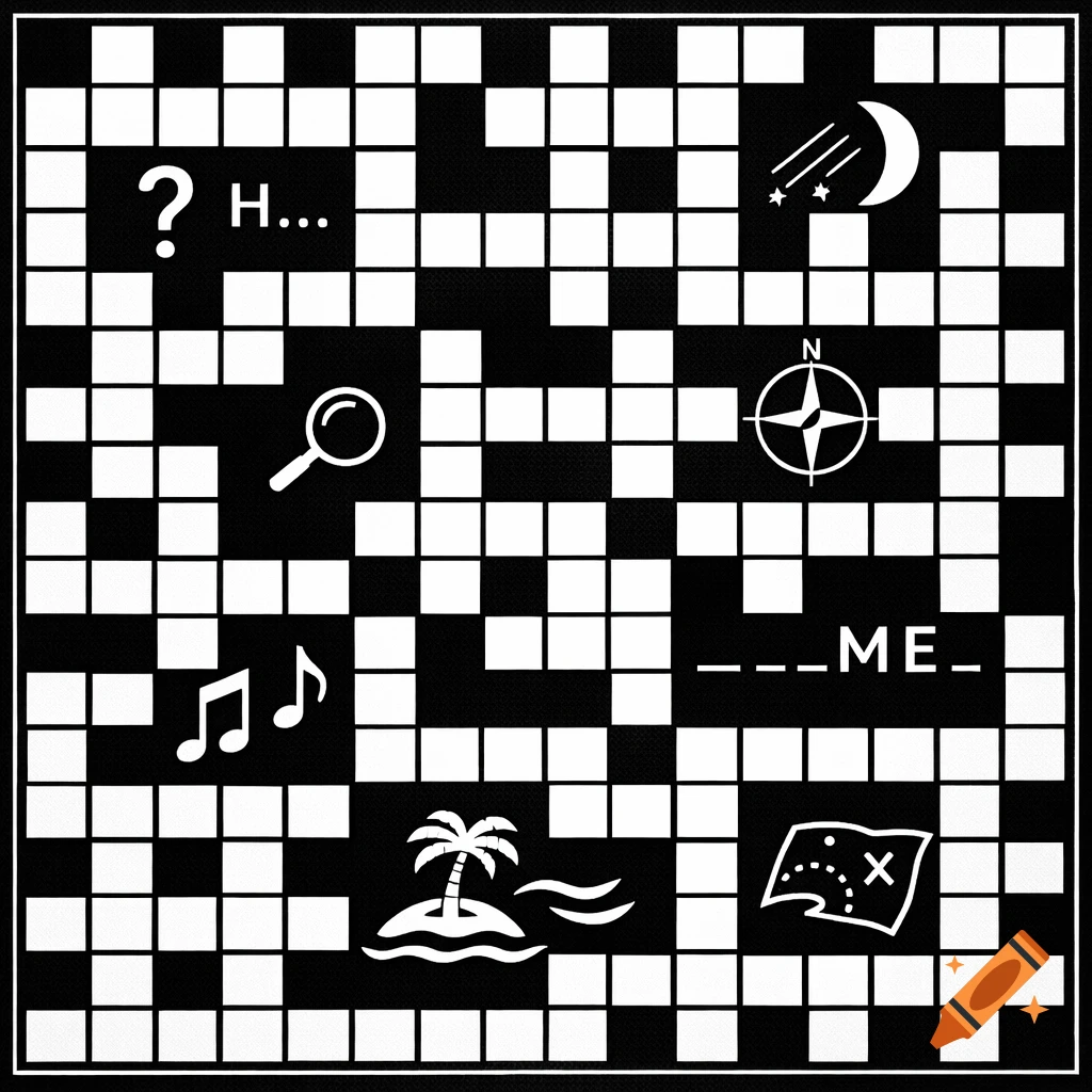 Black and white crossword puzzle with various symbols like a magnifying glass, music notes, moon, compass, island, and treasure map.