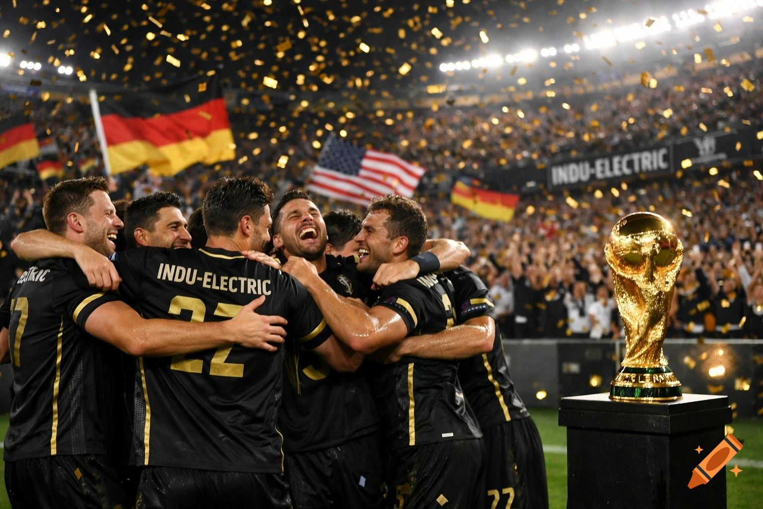 A football team in black and gold jerseys celebrates with a golden trophy in a confetti-filled stadium at night, flags in background.