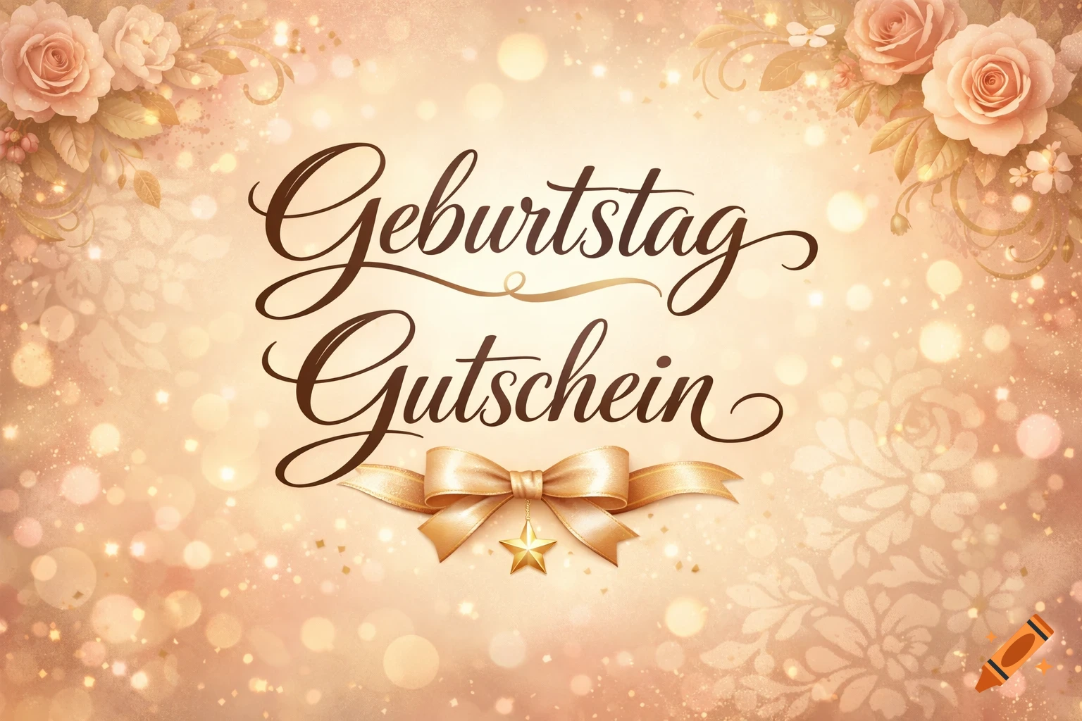 A festive birthday voucher with "Geburtstag Gutschein" in script, surrounded by roses, bokeh lights, and a gold ribbon with a star.