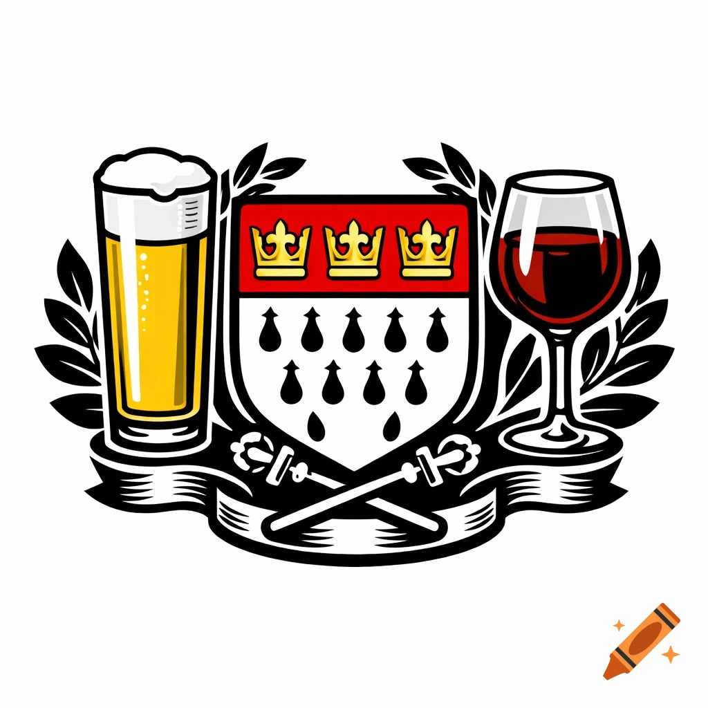 Stylized logo with the Cologne coat of arms flanked by a glass of beer and red wine, on a white background.