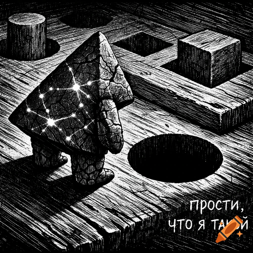 A stark black and white woodcut of a cracked, glowing triangle figure on a wooden sorting board, unable to fit a round hole. Text says "Sorry that I'm like this."