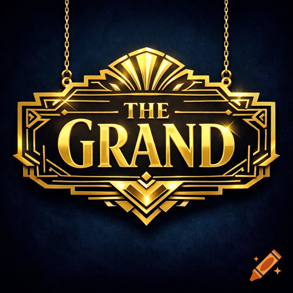 Shimmering gold and black Art Deco sign with geometric patterns reading 'THE GRAND', suspended by chains.