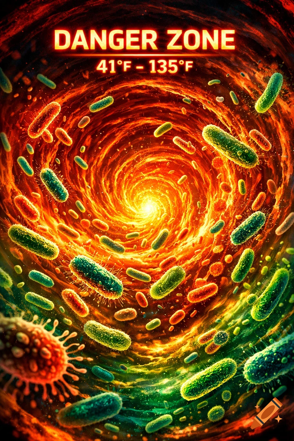 Microscopic bacteria and viruses swirl in a fiery vortex of red, orange, and green, with a 'DANGER ZONE 410F - 1350F' warning.