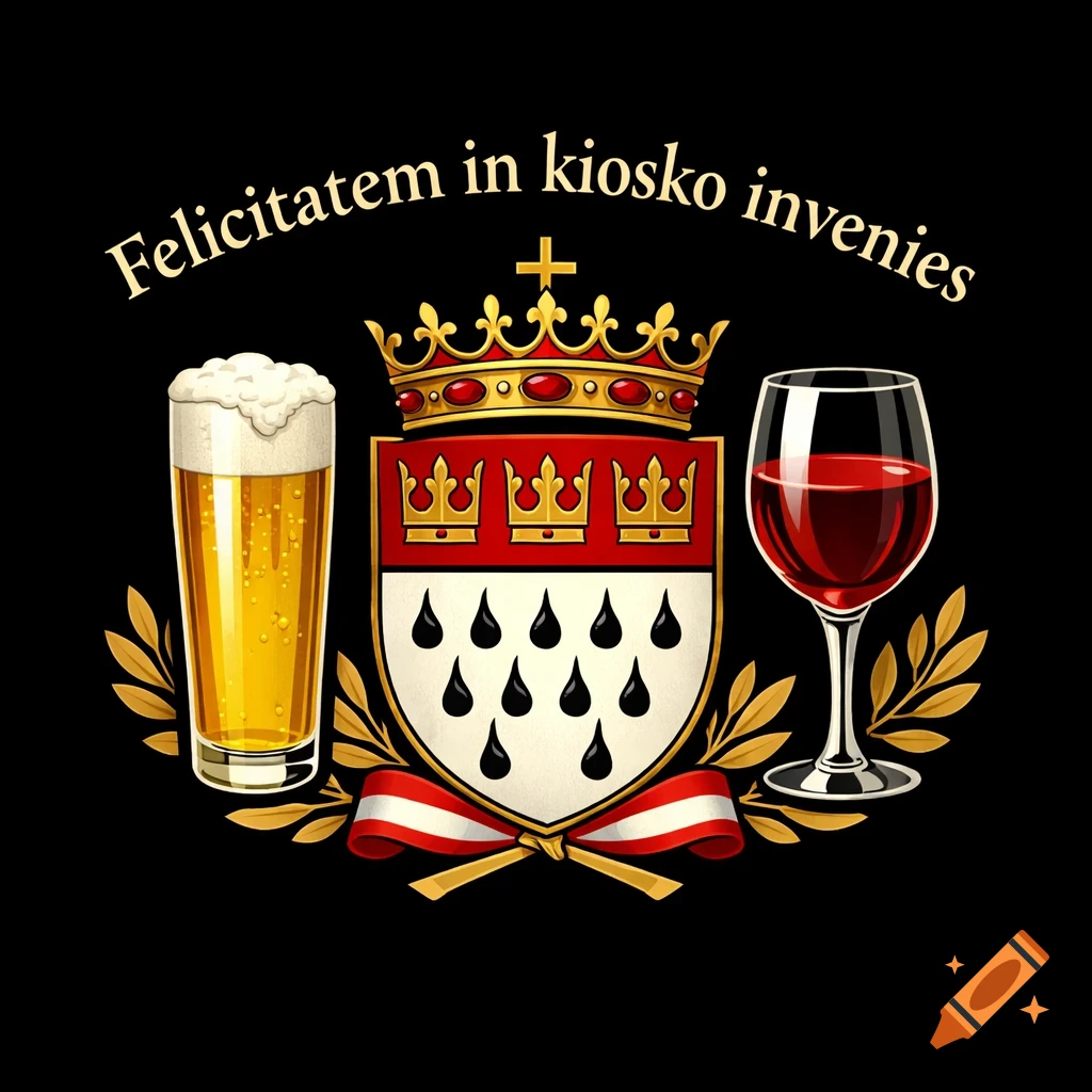 A logo featuring the Cologne coat of arms with a crown, flanked by a glass of beer and a glass of red wine. Text reads "Felicitatem in kiosko invenies" on a black background.