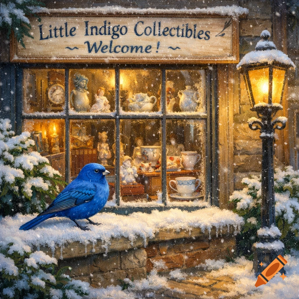 A blue indigo bunting bird perches on a snowy windowsill of a quaint village antique shop, with a lit lamppost.