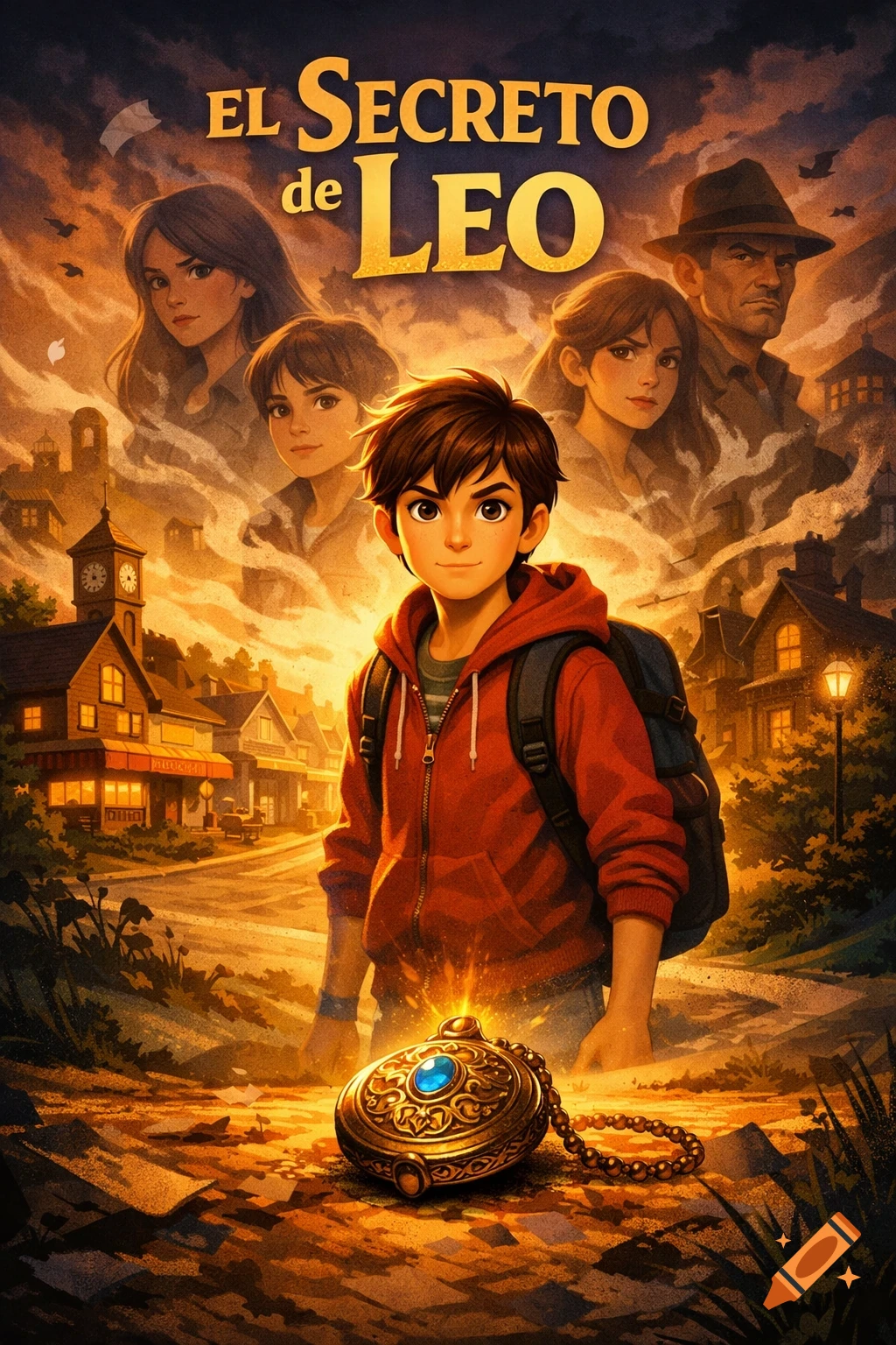 Cartoon movie poster featuring a boy in a red hoodie and backpack, a glowing locket, and ethereal images of other characters and a small town, with 'EL SECRETO de LEO' as the title.