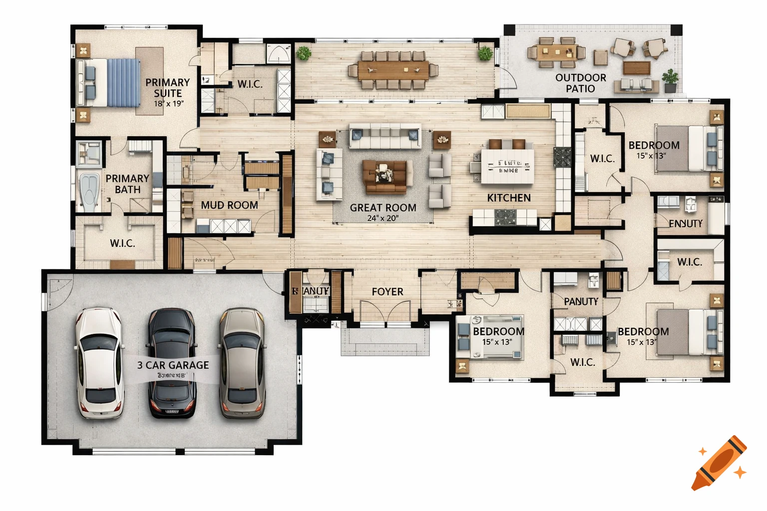 Detailed overhead floor plan of a 4-bedroom house with a 3-car garage, mud room, kitchen, great room, and outdoor patio.
