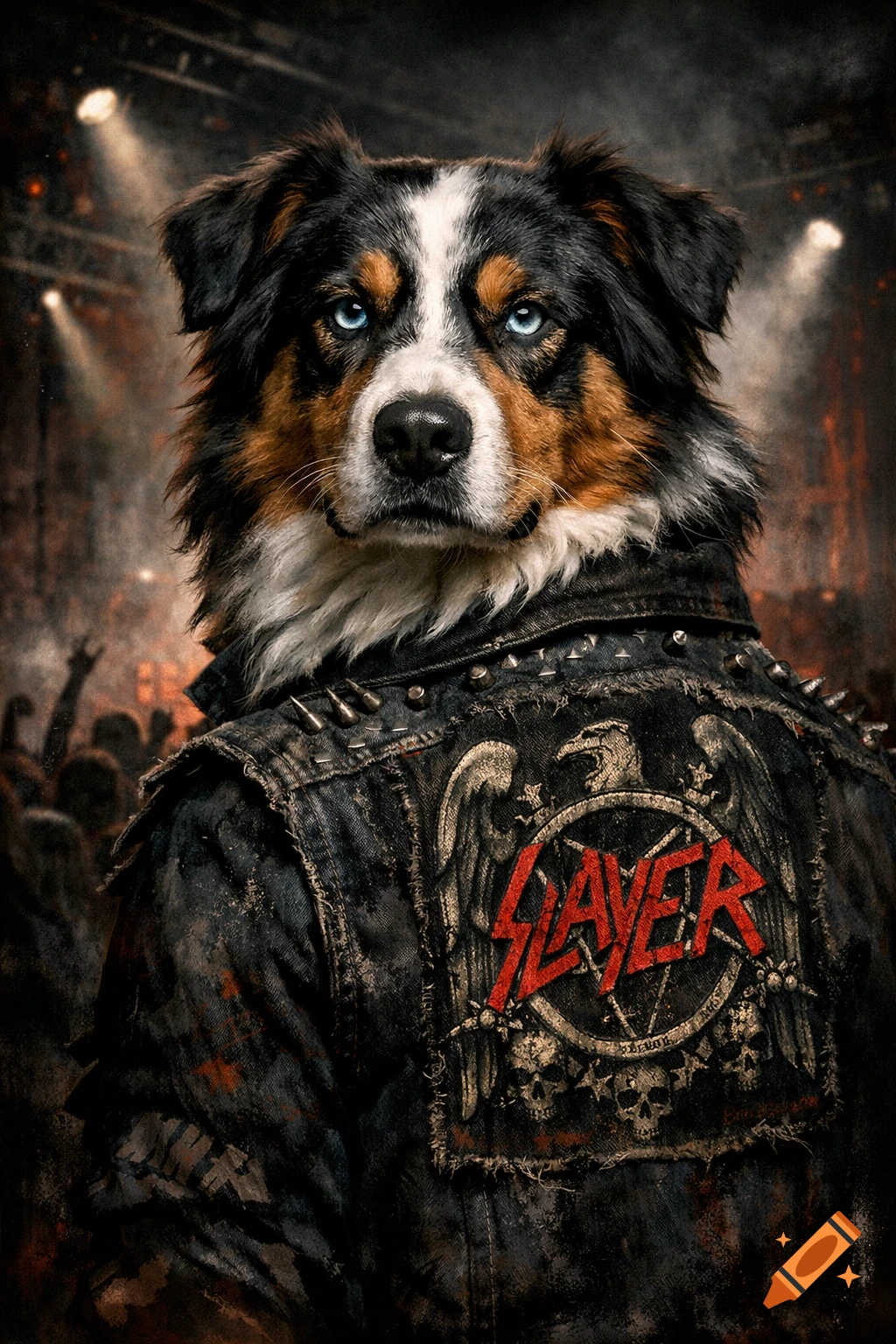 An Australian Shepherd dog wearing a studded denim battle vest with a red SLAYER patch, looking over its shoulder at a concert.