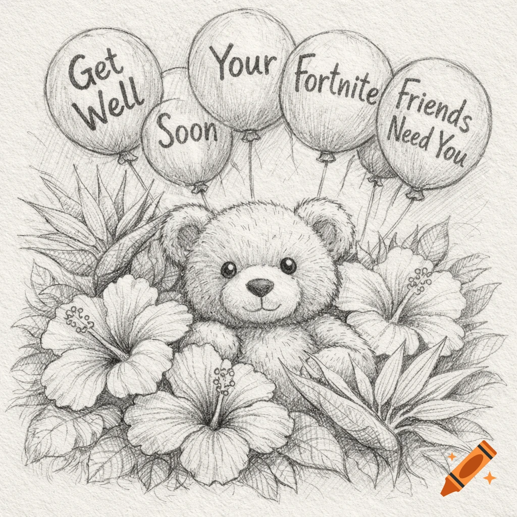 Pencil drawing of a smiling teddy bear surrounded by tropical flowers and five balloons, reading 'Get Well Soon Your Fortnite Friends Need You'.
