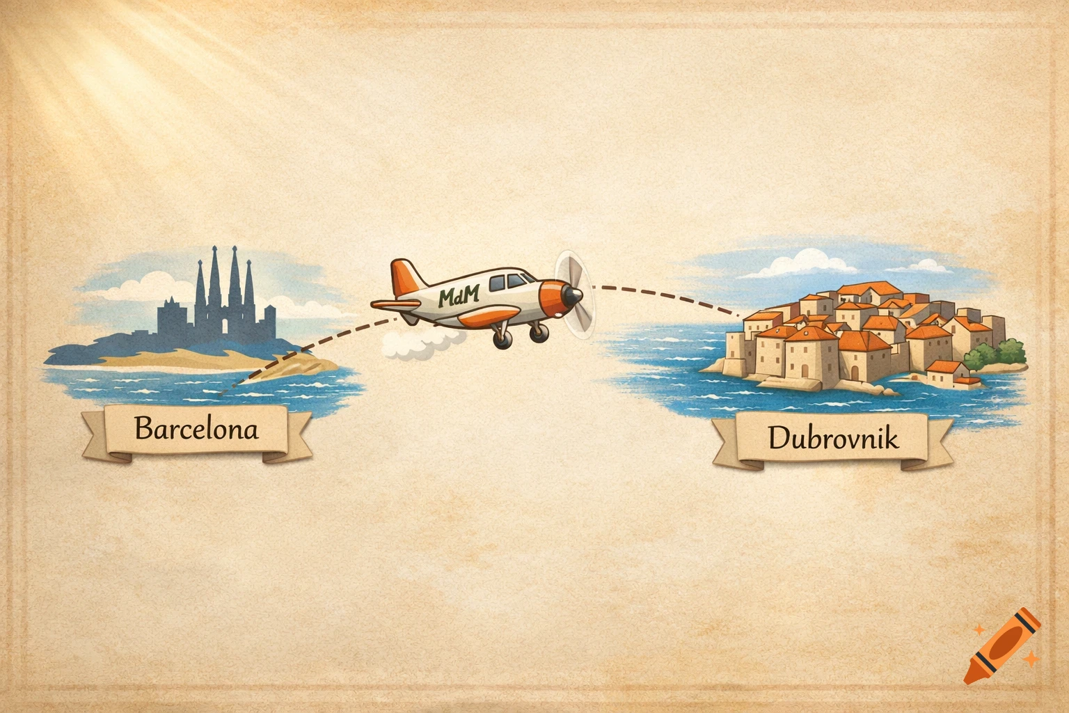 Stylized map illustration depicting a plane with "MdM" flying from a silhouette of Barcelona's Sagrada Familia to a walled city representing Dubrovnik.