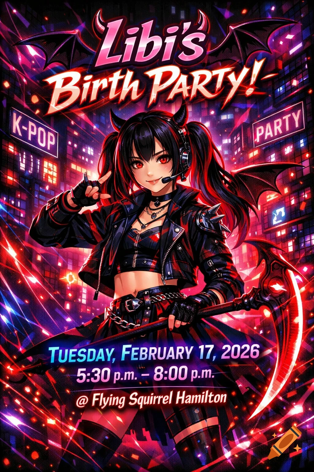An anime-style birthday invitation with a dark-haired girl with red eyes, devil horns, and bat wings holding a scythe, against a neon city background, for Libi's Birth Party on February 17, 2026.