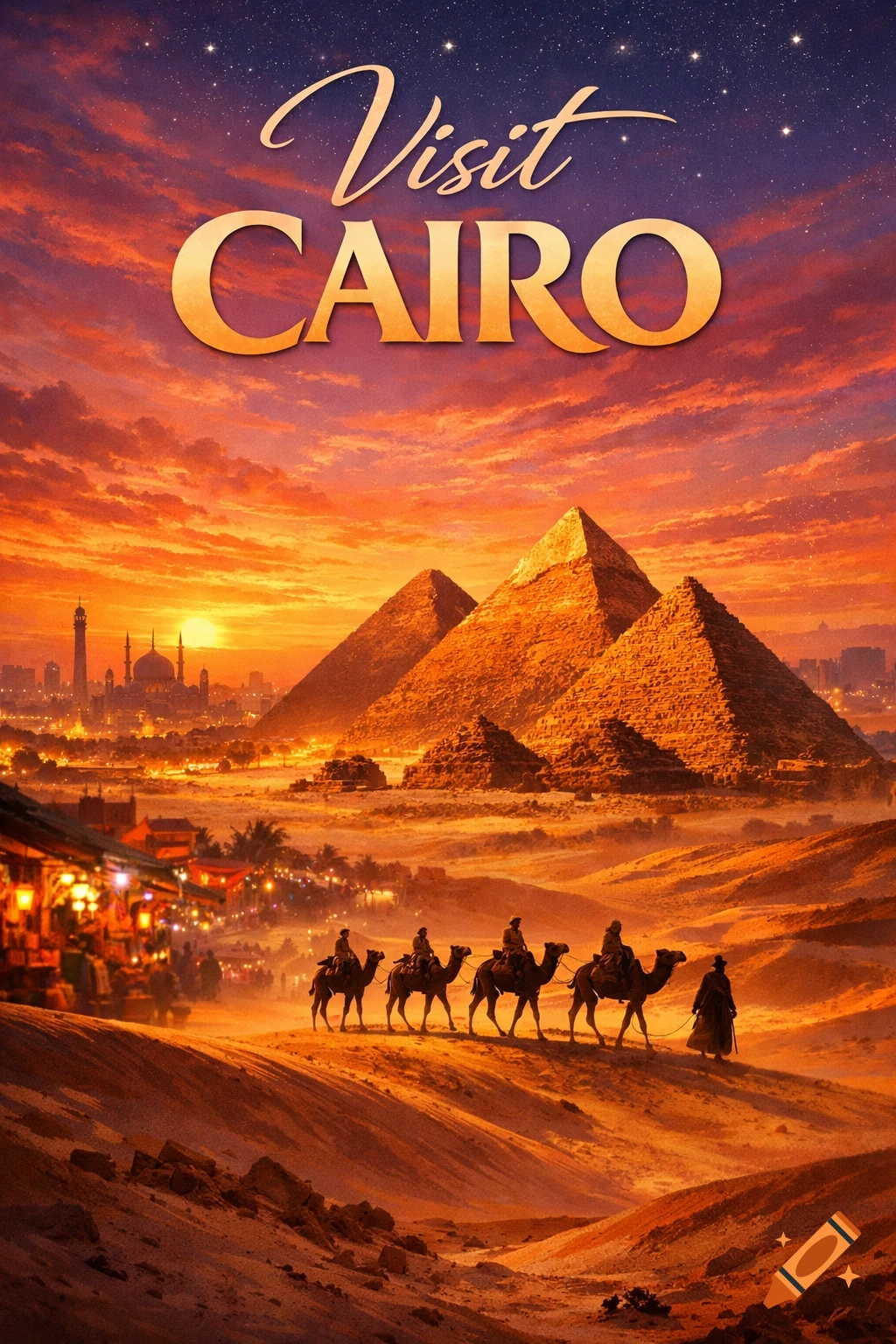 A colorful travel poster of Cairo with the Giza pyramids, a city, and camels at sunset, featuring the text 'Visit CAIRO'.