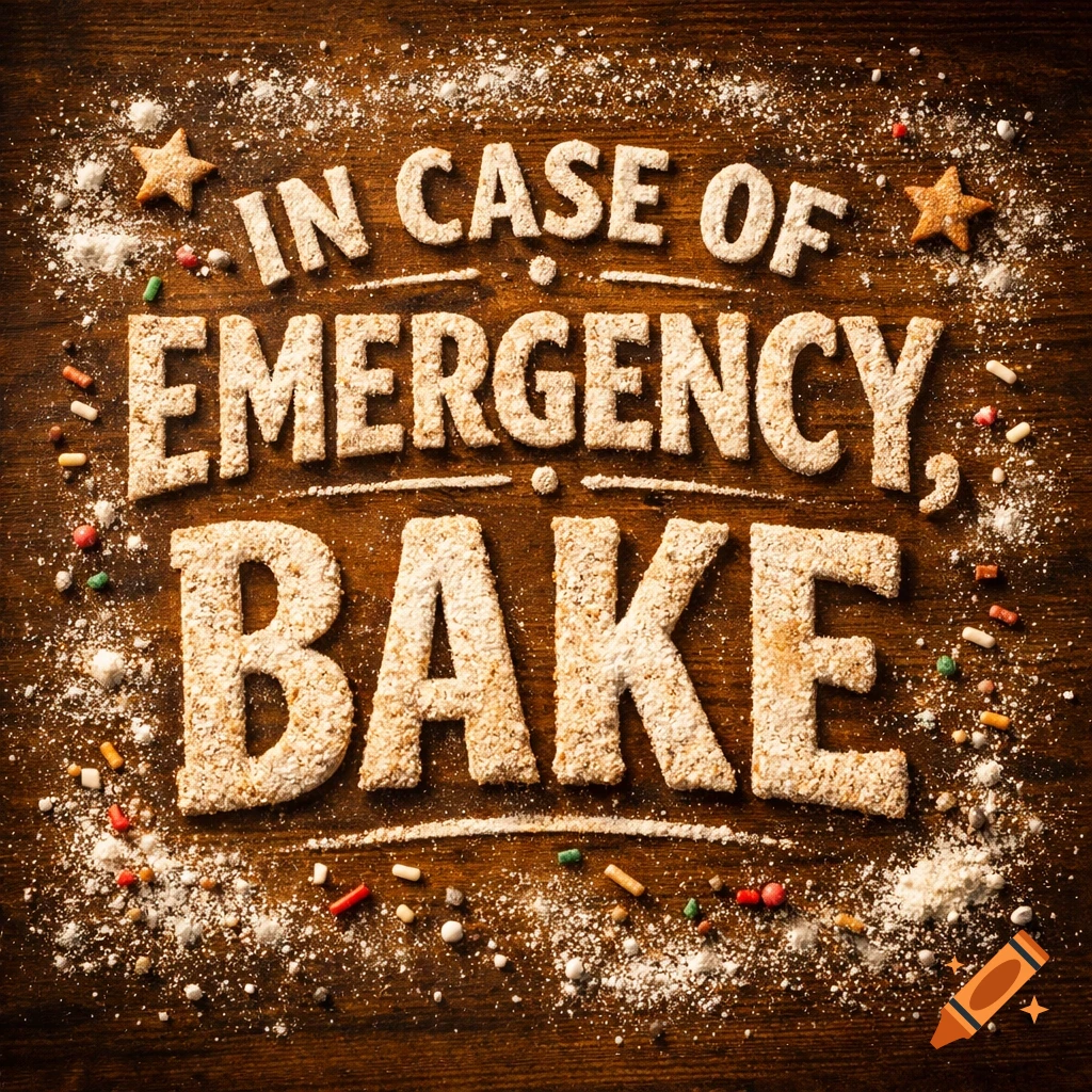 Photorealistic image of the phrase 'IN CASE OF EMERGENCY, BAKE' spelled out in baked letters on a wooden background with flour and sprinkles.