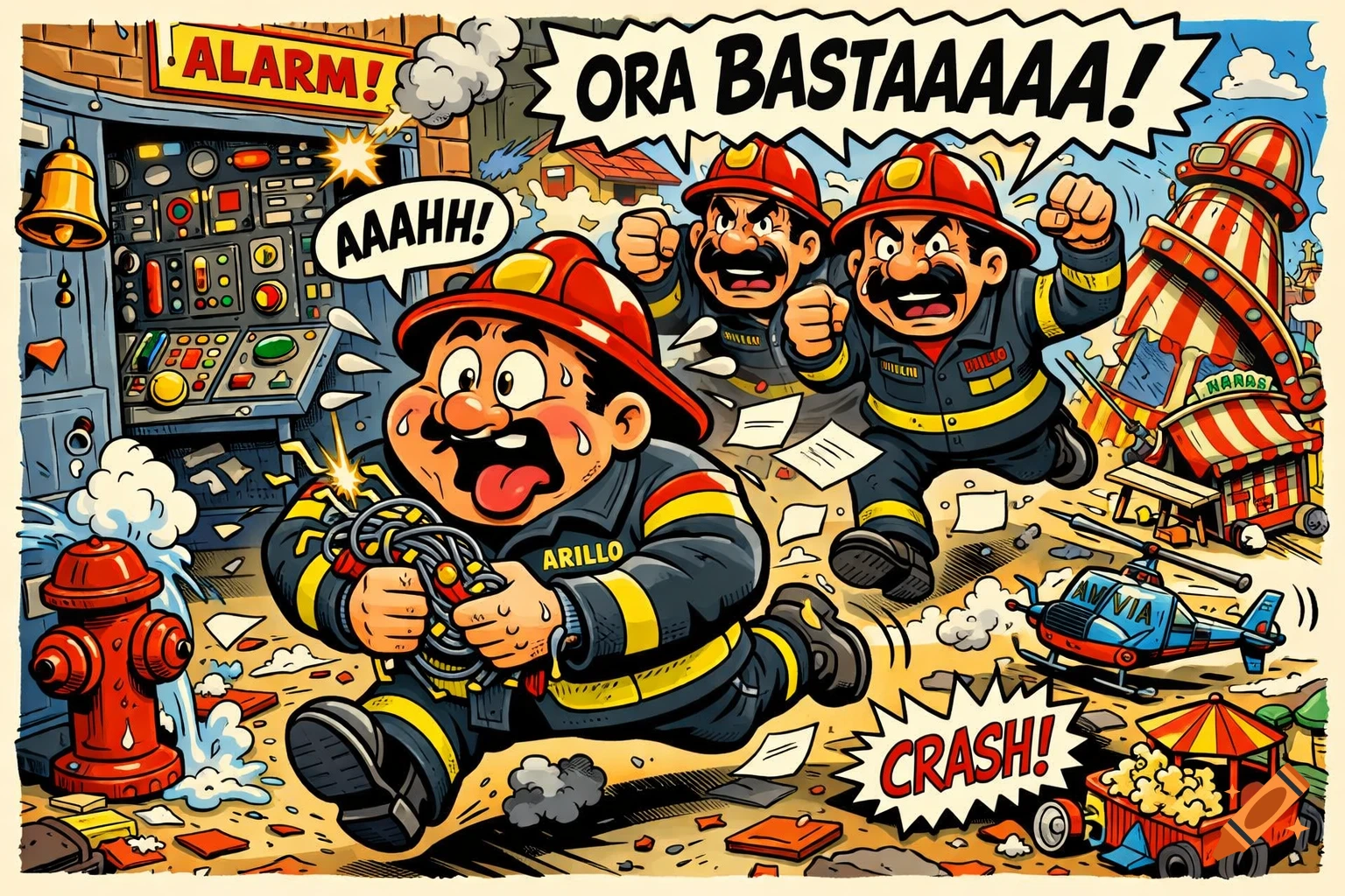 Cartoon of a panicking fireman running from two angry firemen, with speech bubbles like "ALARM!" and "ORA BASTAAAAA!". The scene is chaotic with a broken control panel and a fire hydrant spraying water.